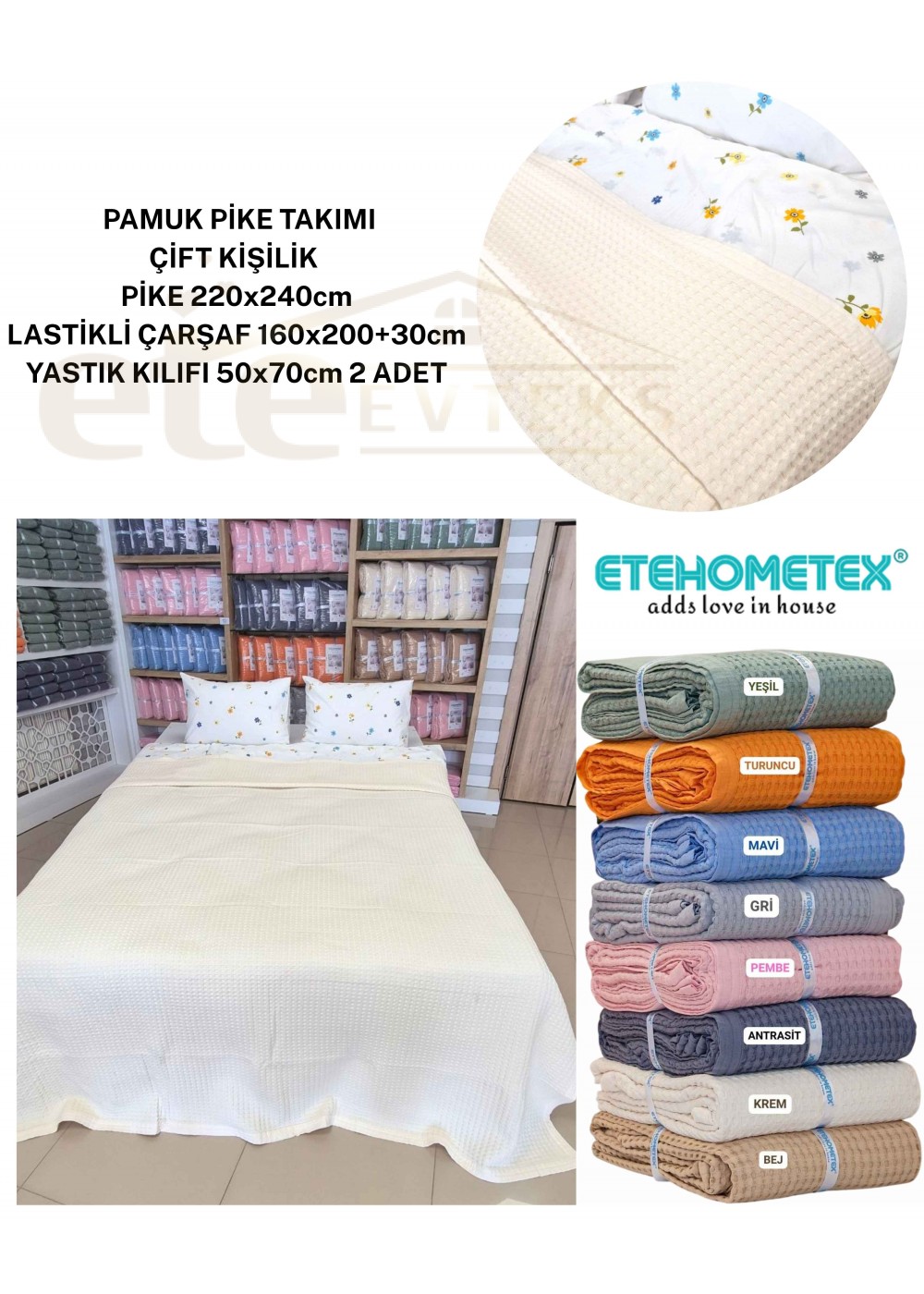 ETEHOMETEX ÇİFT KİŞİLİK %100 PAMUK HAVUZLU PİKE TAKIMI KREM 8696474232101